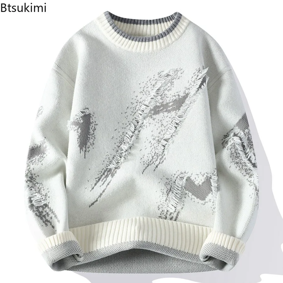 2025 Autumn and Winter Men's Contrast Color Sweater Tassel Hole Round Neck Knitted Warm Sweaters Casual Fashion Pullover Tops