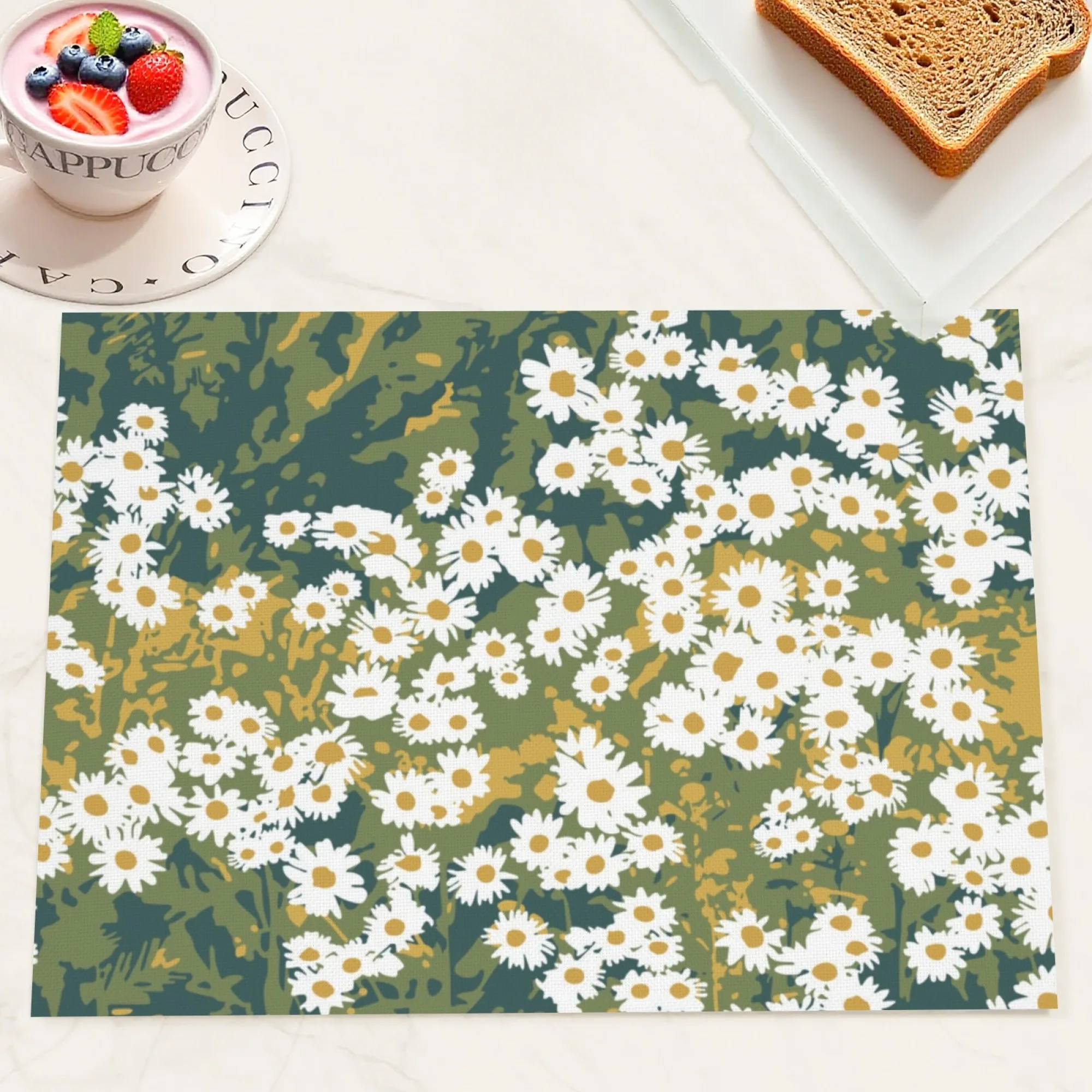 Tovaglietta per pasto leggero rurale francese e tè pomeridiano Margherita Elementi naturali a base verde Tovaglietta per decorazioni abbinate per feste di yogurt di bacche