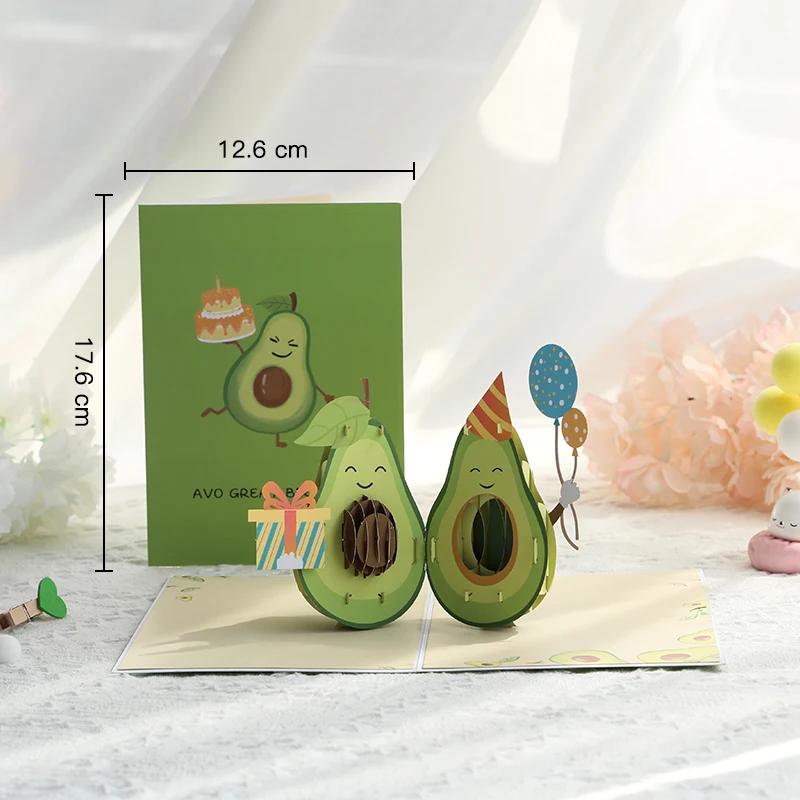 Juego de tarjetas de cumpleaños de dibujos animados, regalos de felicitación de Año Nuevo de aguacate, tarjetas de felicitación 3D hechas a mano, tarjetas de papel creativas 3D, 1 Juego