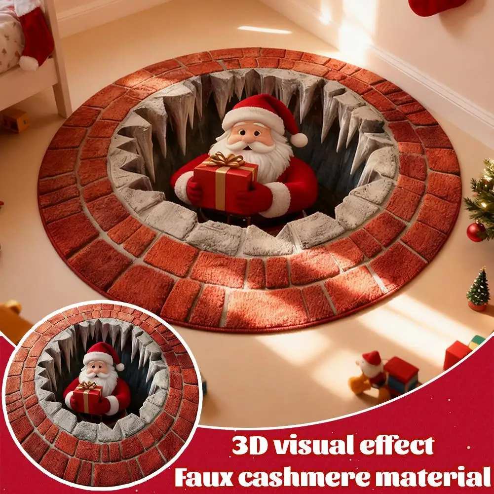 3d Christmas Round Rug Washable Non-Slip Xmas Rug Christmas 3d Rug Wear-Resistant For Bedroom Kitchen Entryway