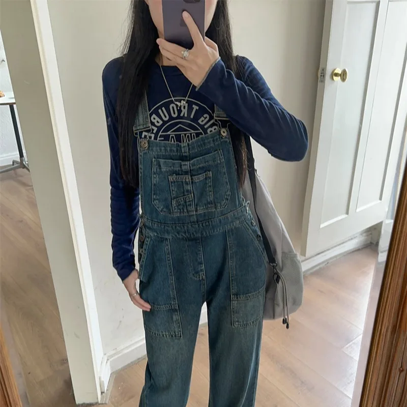 2025 New Waed Denim Overalls Women's Loose Workwear Design High Waist Long Pants Cotton 00% No Stretch Blue Color