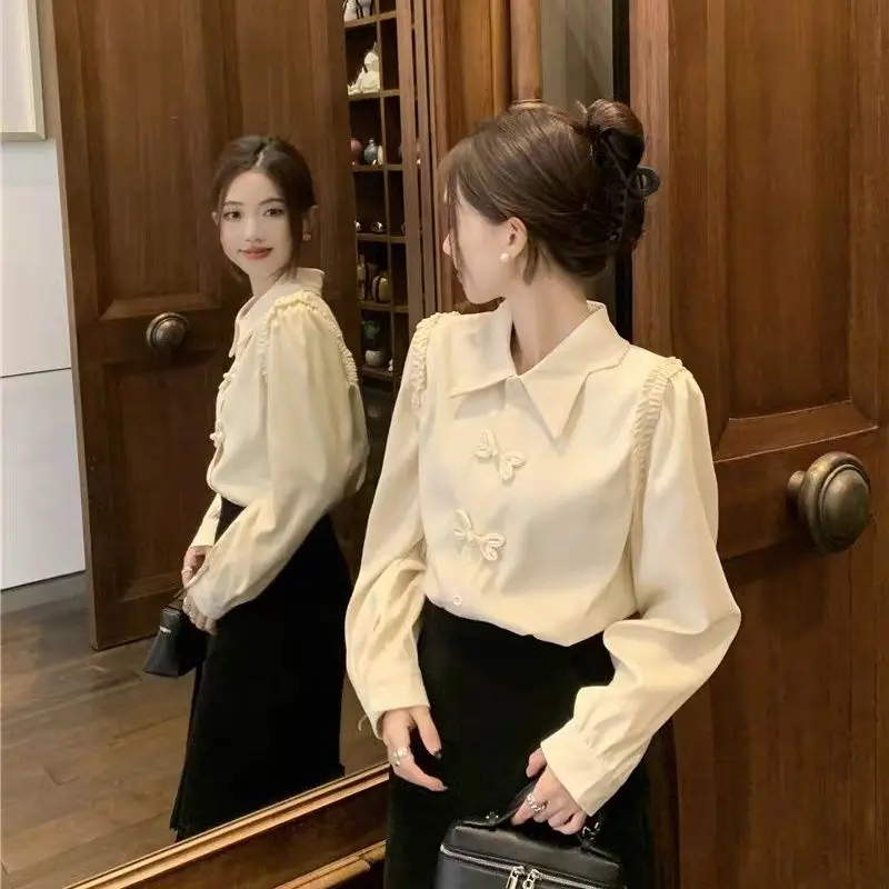 Retro Fashion Chinese Style Buttons Blouse Ladies All-match Solid Color Turn-down Collar Long Sleeve Shirts Women Clothes Tops