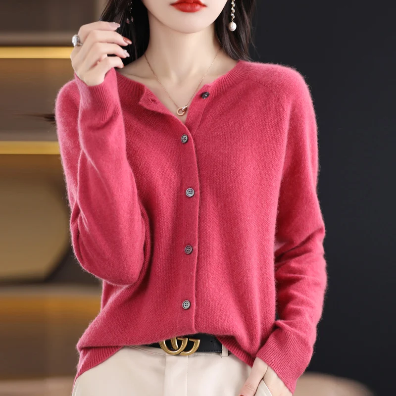 Addonee-Cashmere O-Neck Cardigan para Mulheres, Suéter 100% Merino Lã, Manga Raglan, Malhas Clássicas, Moda Sólida, Roupa Básica