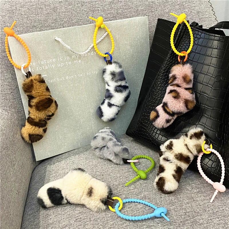 1PC Cute Leopard Print Twist Knot Rubber Rope Bag Pendan Fashion Creative Backbag Pendant Accessories Car Key Ring Plush Charms