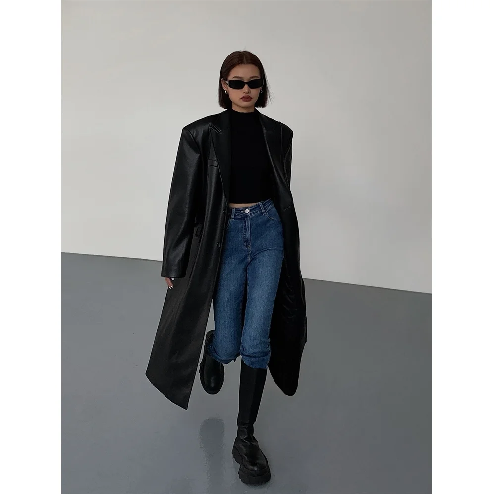 Women Leather Long Jacket Trench Oversized Faux Leather Blazer Button Down Lapel Coat with Pockets Down Shirts/Coats Work Office