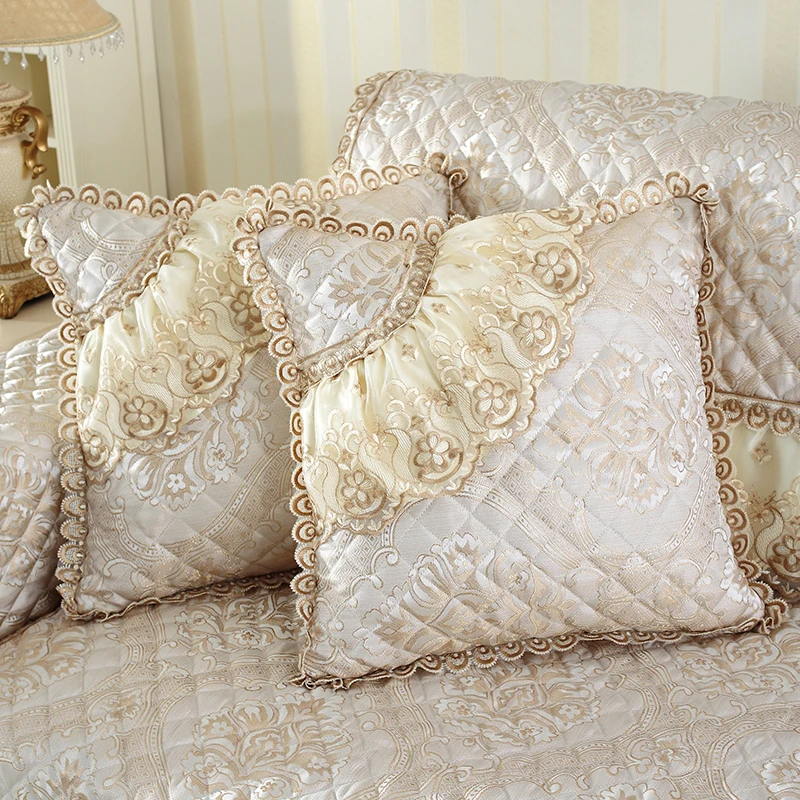 European-Style Floral Embroidered Quilted Decorative Pillow Covers 18' Pack of 2 Cushion Cases with Lace Trim