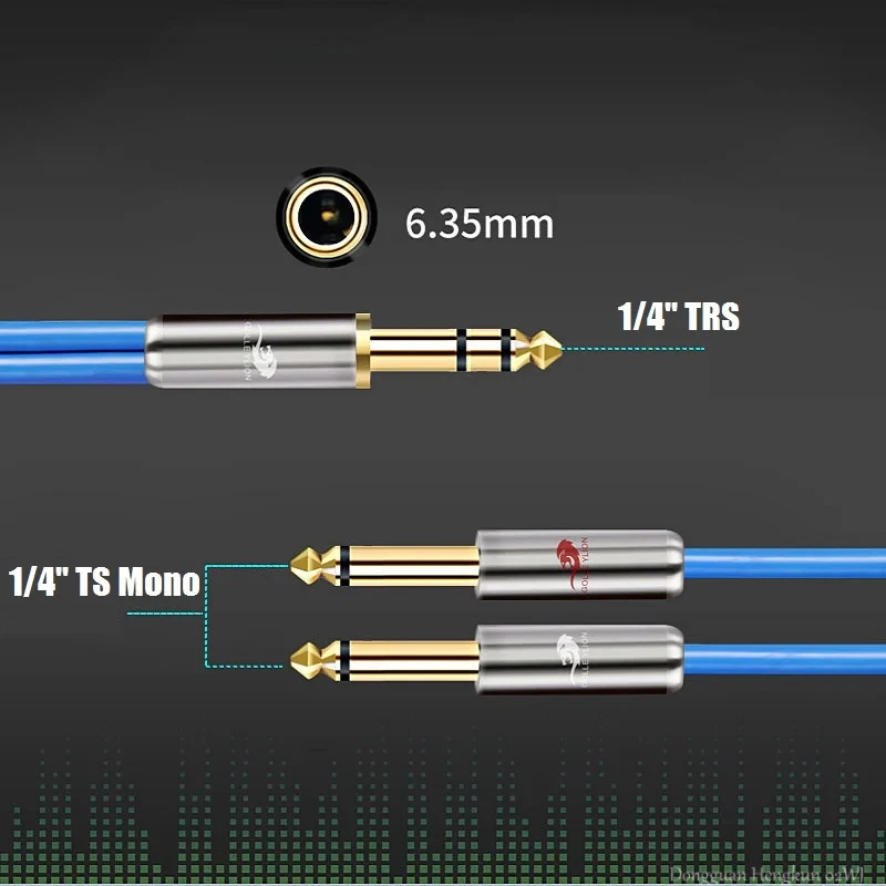 Stereo 1/4 Inch TRS to Dual TS Y-Splitter Cable 6.35mm Jack Male to 2x Mono for Amplifier, Mixer, Speaker, Sound Card - Shielded