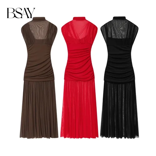 BSAY, decoración plisada para mujer, nuevo artículo de otoño, vestido MIDI empalmado de malla de seda de color sólido sin mangas con cuello levantado 2025