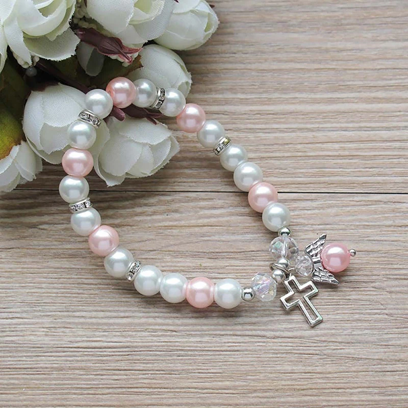 Religious Pearl Bracelet Angel Wing Cross Beaded Bracelet Baby Shower Girl Boy Baptism Gift