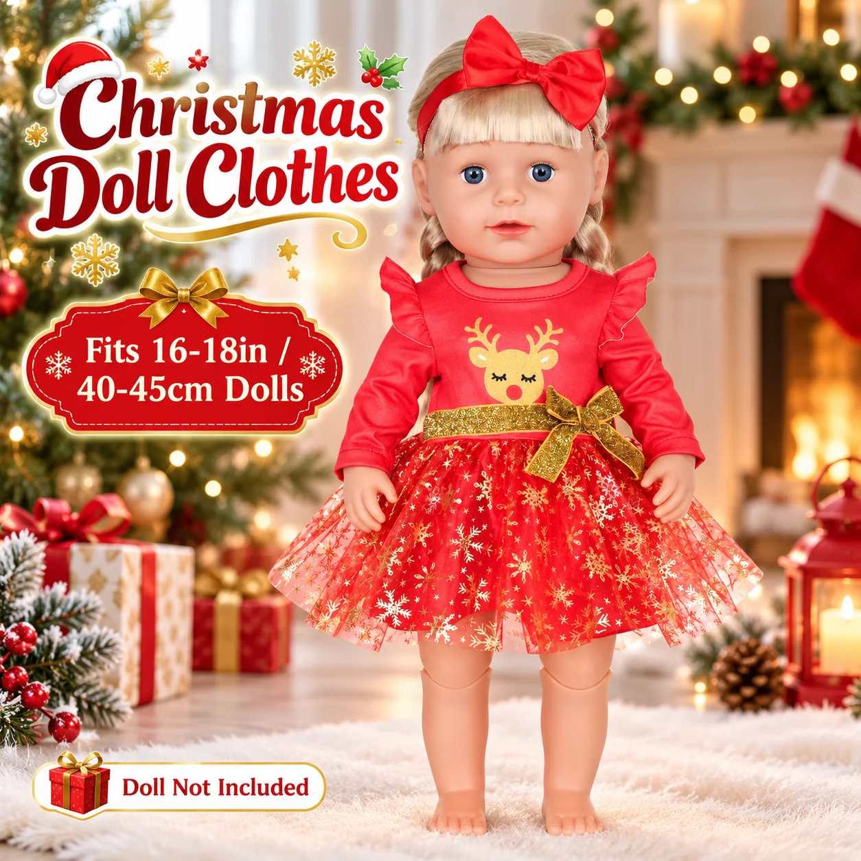 16-18 Inch Reborn Doll Clothes Christmas Red Reindeer Dress Outfit with Bow Headband for 40-45cm American Girl Doll Accessories