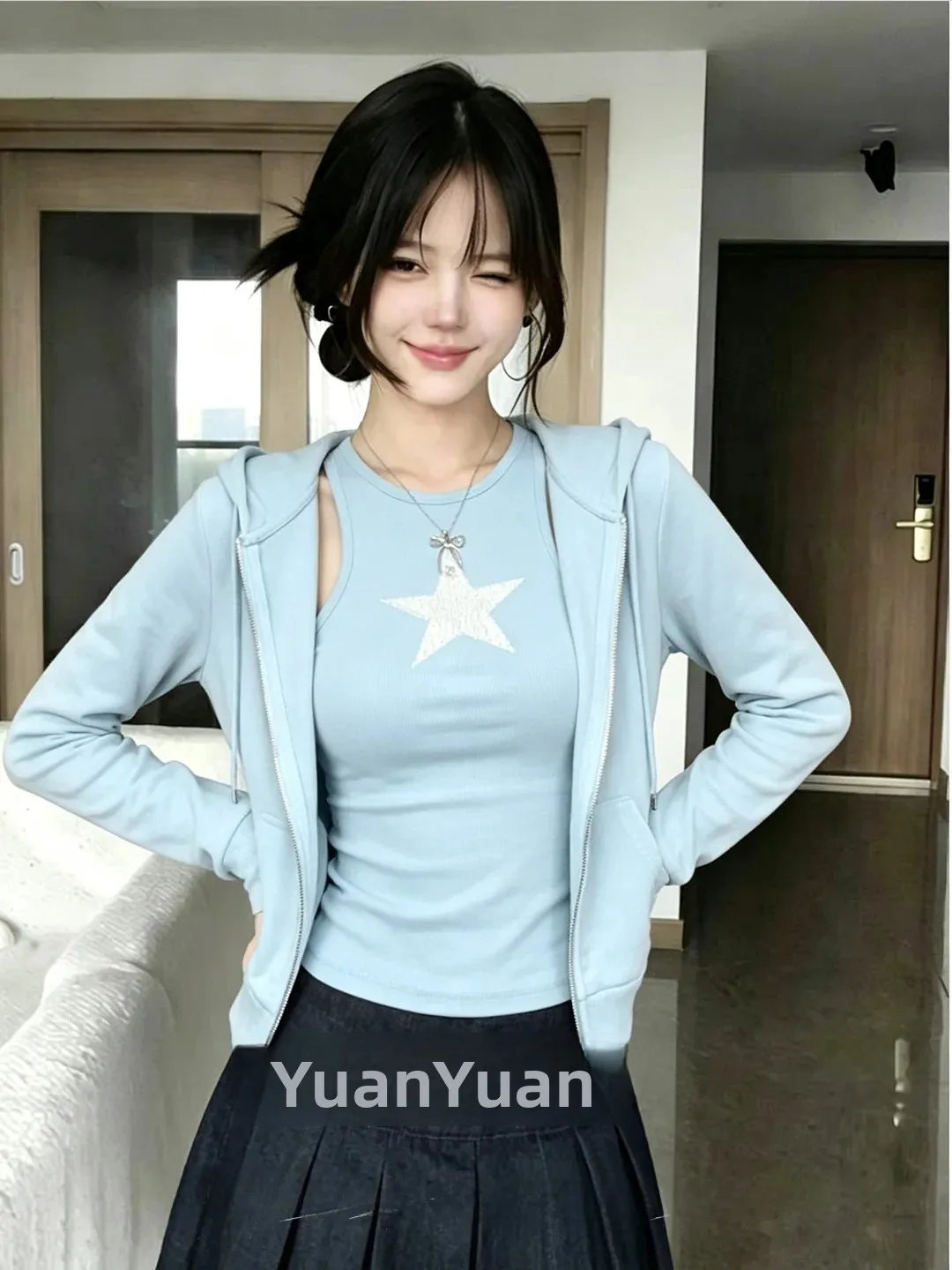 Women's Zipper Hoodie Sweatshirt Star Print Slimming Two-Piece Set Casual Loose Fit Autumn Winter New Style Polyester Fabric