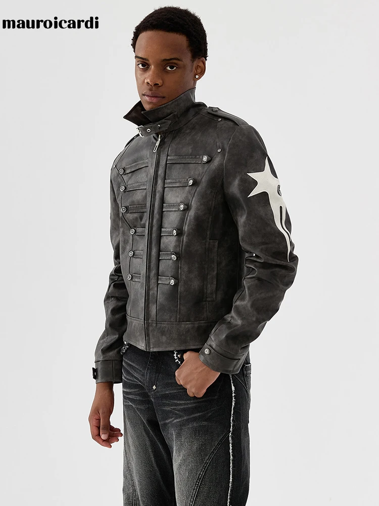 Mauroicardi Spring Autumn Short Distressed Patchwork Pu Leather Napoleon Jacket Men Zipper Palace Style Streetwear Menswear 2026 2 Mauroicardi Spring Autumn Short Distressed Patchwork Pu Leather Napoleon Jacket Men Zipper Palace Style Streetwear Menswear 2026 2