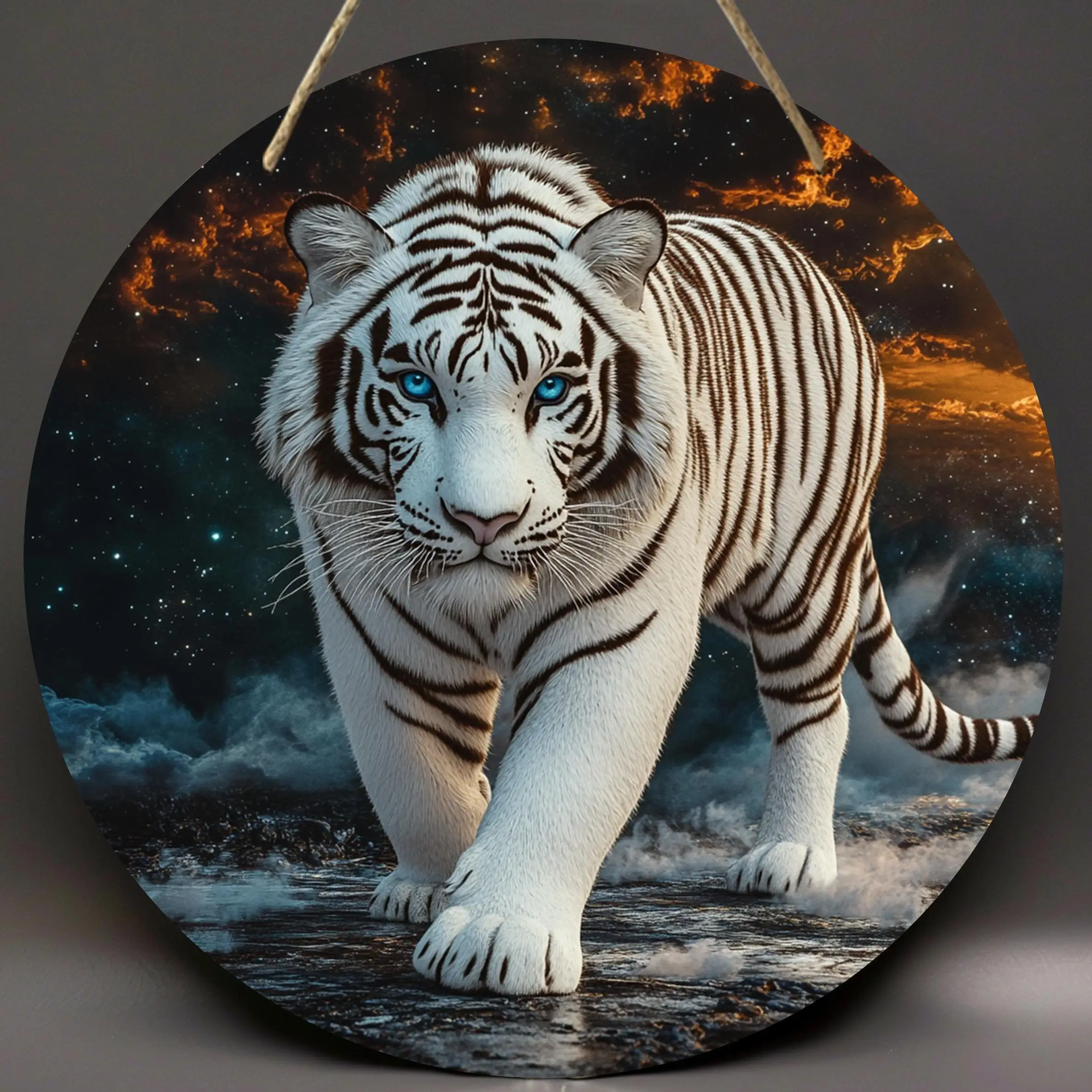 [Majestic Tiger Art] Arte de pared redondo Majestic White Tiger de 8x8 pulgadas |   Diseño de noche estrellada cósmica de madera artificial con ojos azules, W