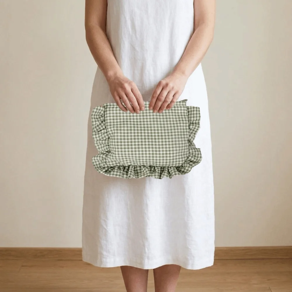 Simple Ruffle Plaid Makeup Bag Zipper Multifunctional Nylon Cosmetic Bag Cloth Large Capacity Travel Storage Bag Home