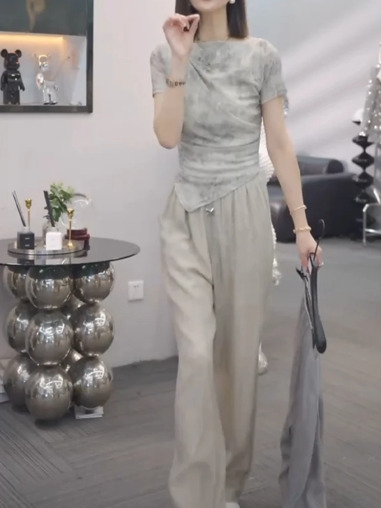 

Slimming Effect Wide Leg Pants Set round Ne Overdye Asymmetrical Top Casual Korean Sle Faionable Two-Piece Women's Outfit