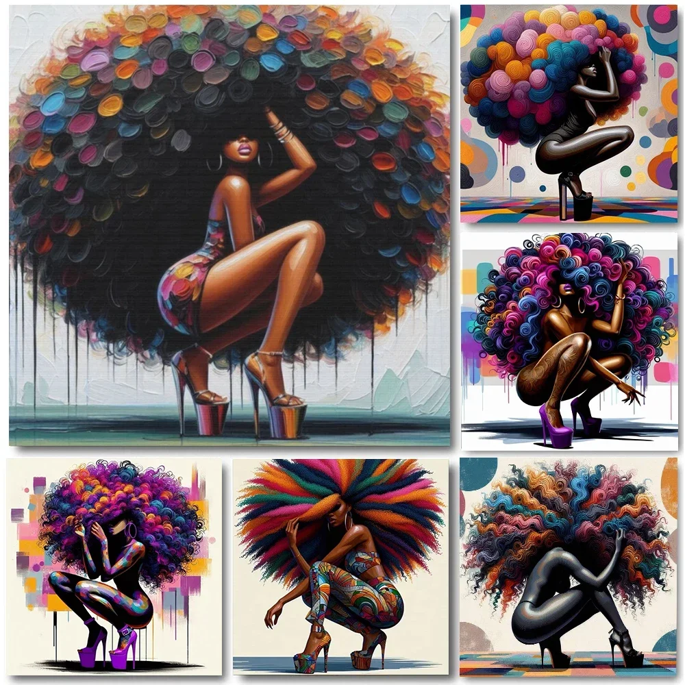 Abstract Big Hair Black Woman Canvas Painting Wall Art Graffiti High-Heels Africa Girl Poster Prints For Living Room Home Decor