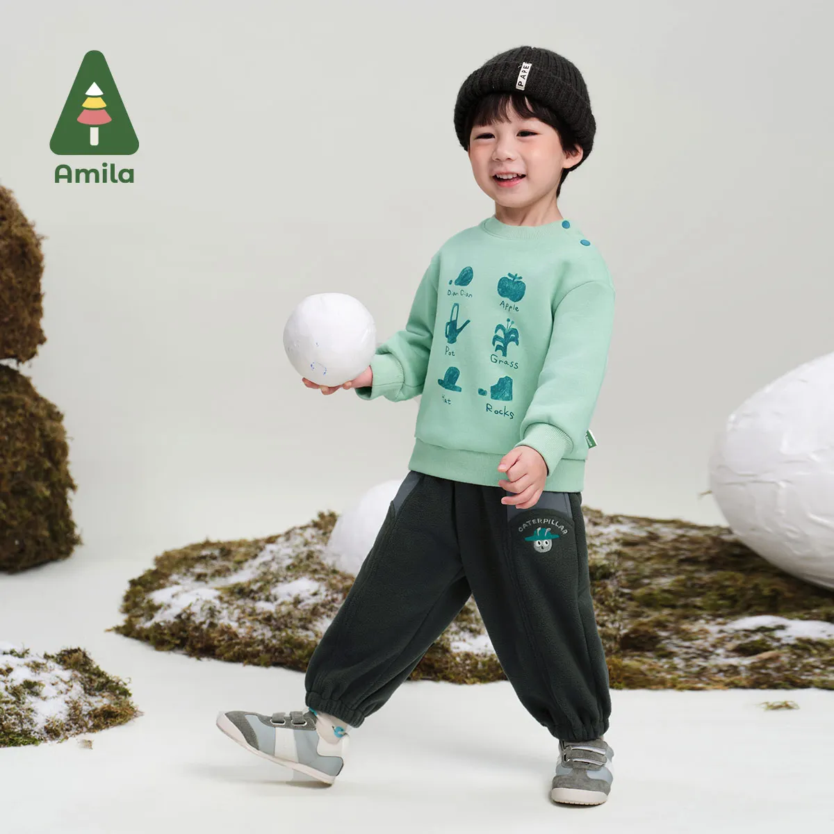 Amila Baby Trousers 2024 Winter New High Quality Solid Color Cartoon Sports Leisure Loose Versatile Warm Cuff Children’s Pants