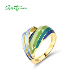 SANTUZZA Genuine 925 Sterling Silver Rings For Women Sparkling Green & Blue Enamel Twisted Pattern Elegant Gifts Fine Jewelry
