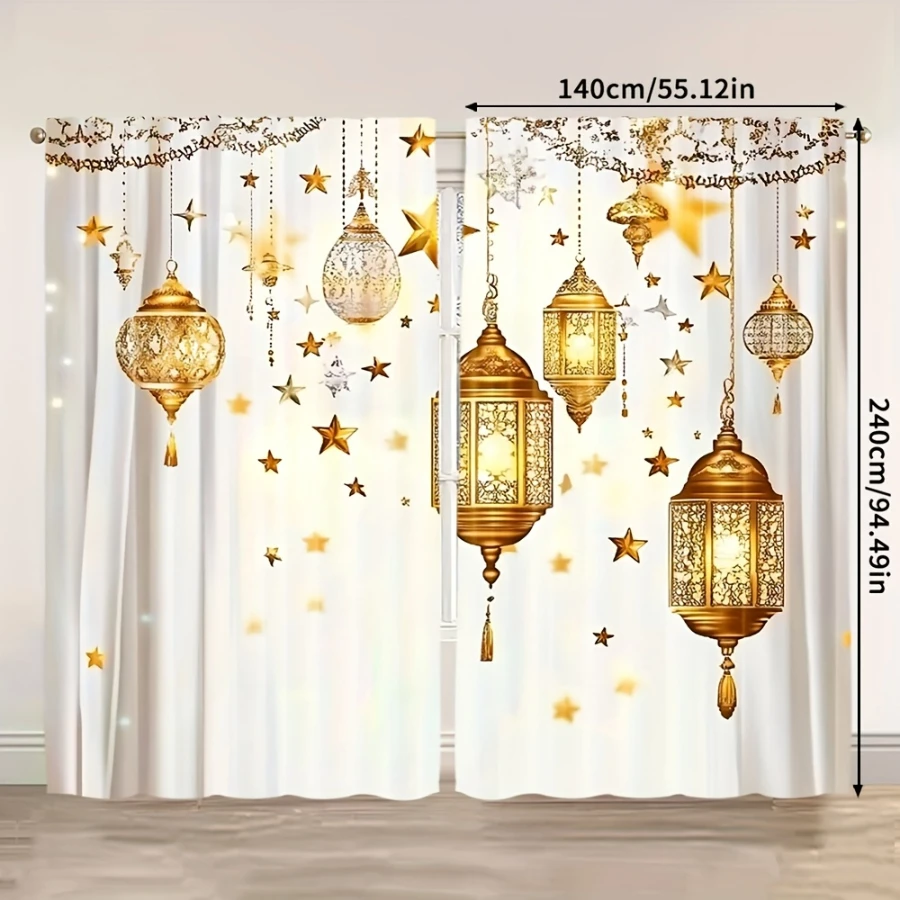 2PCS Digital Print Curtains, Luxury Golden Star Lantern, Elegant Living Room Decor Glamorous Metallic Sophisticated Drapes