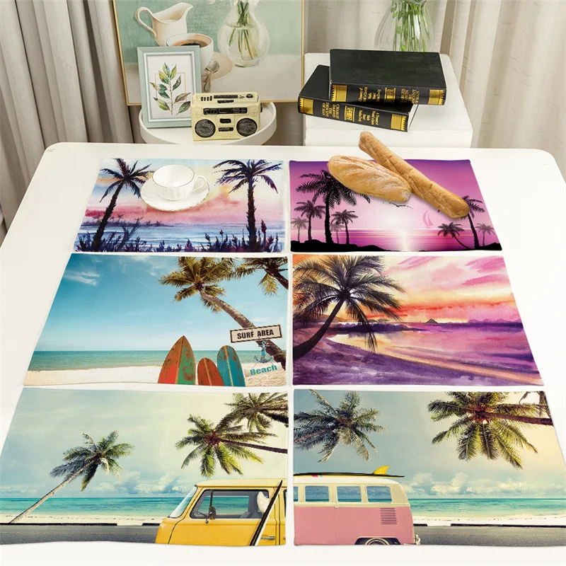 Summer Blue Seaside Placemat Coconut Tree Landscape Cotton Linen Dining Table Mats Coffe Bowl Cup Coaster Pad Home Decor