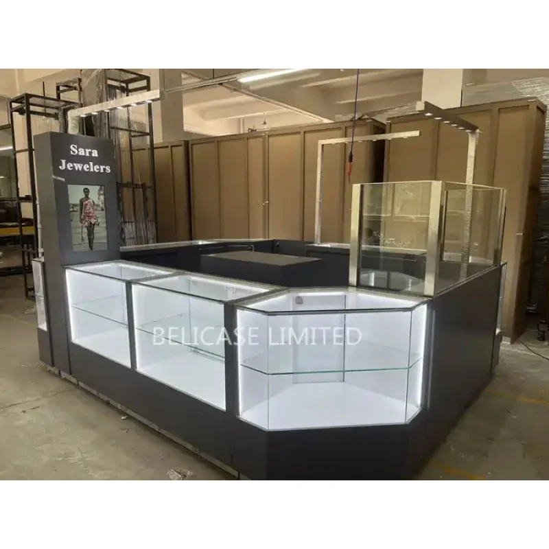 Custom, High End Necklace Jewelry Glass Showcase Display Cabinet Wooden Shopping Mall Decoration Jewelry Kiosk Design