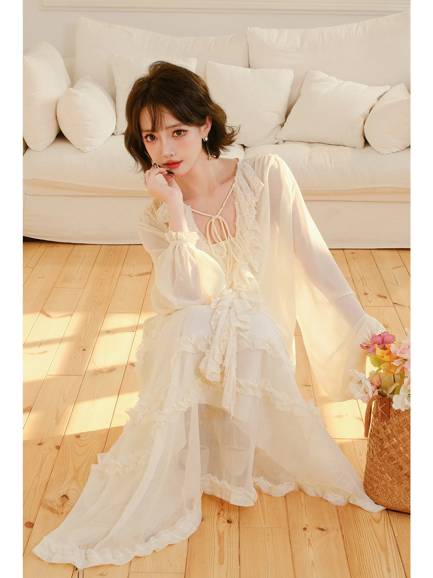 

MIUCO Lightweight Gauze High Waist Fairy Skirt with Wood ain Ruffle f Body Cake Sle over Knee Long A-Line Skirt