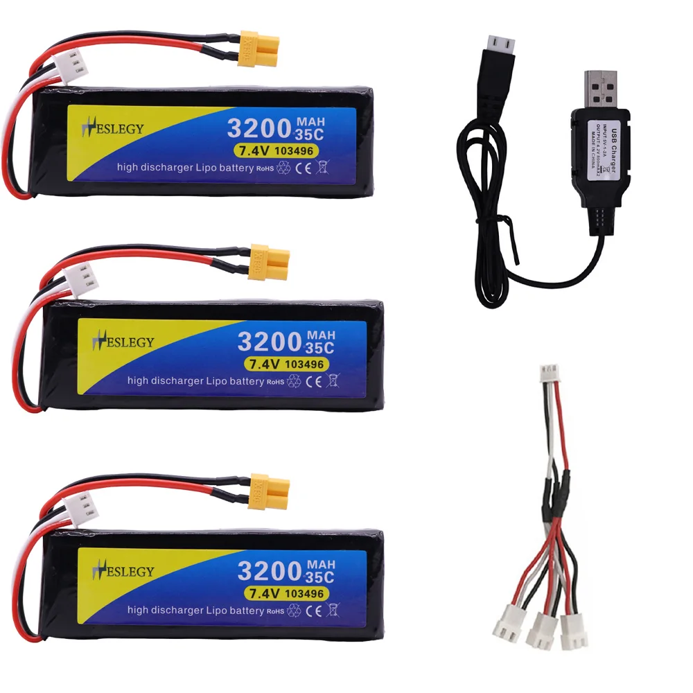 7.4V 3200mAh 35C 2S Lipo Battery XT30 Plug with USB Charger for MJX Bugs 3 B3 RC Quadcopter Spare Parts 7.4 V toy Battery parts