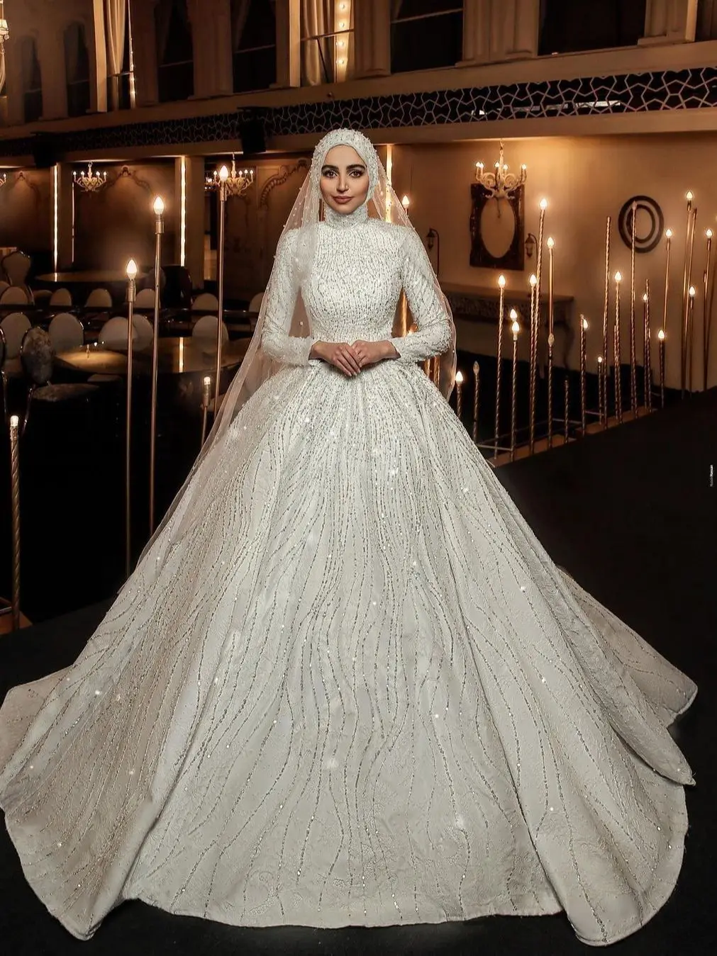 Muslim Fancy Long Sleeves Wedding Dresses Sequined High Neck Bridal Gowns Custom Made Glitter Vestido de novia