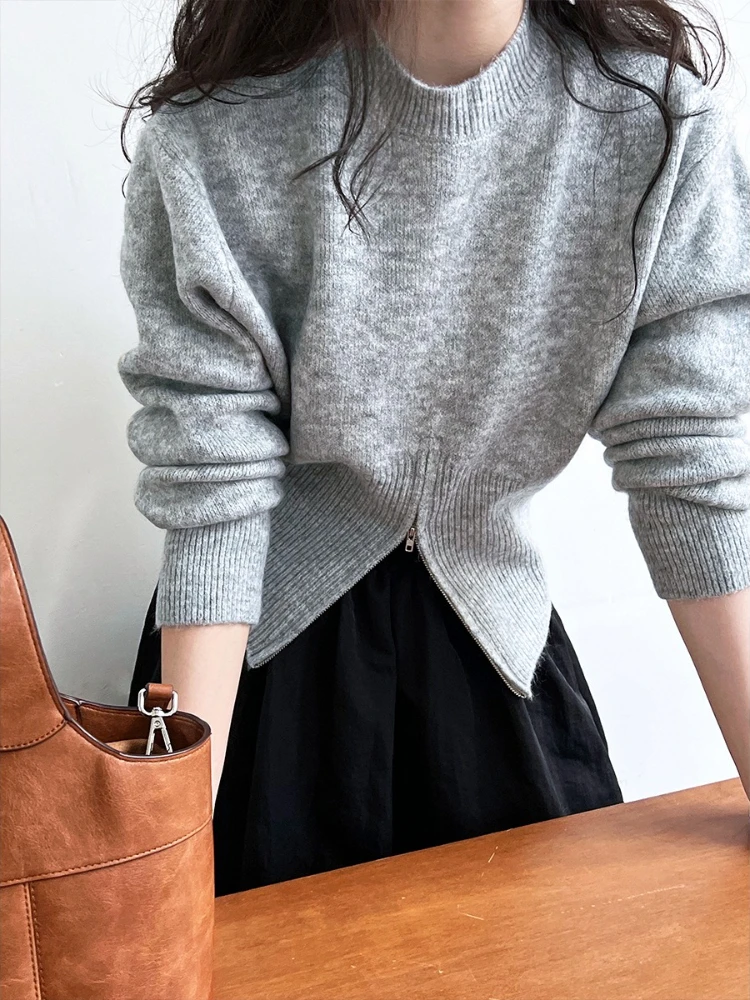 

Women's Zip Hem Knit Sweater Slim Fit Mock Neck Pullover Top for Fall Winter Casual or Workwear