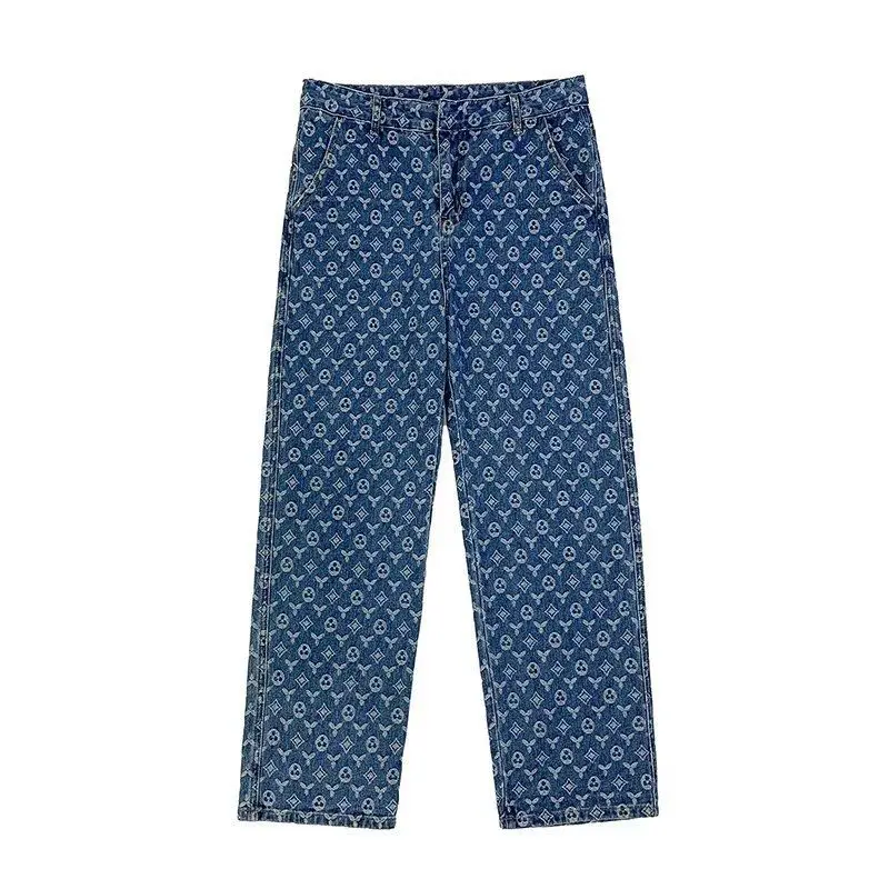 American vibe pants high street tide ins design sense full print jacquard jeans do old hiphop straight pants