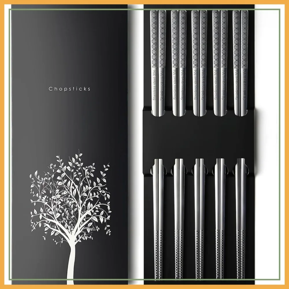 Palillos de acero inoxidable 18/8 grabados con láser, 5 pares de palillos de metal reutilizables aptos para lavavajillas, estilo japonés coreano cuadrado antideslizante para cocinar y comer, juego de regalo de 9 1/4 pulgadas