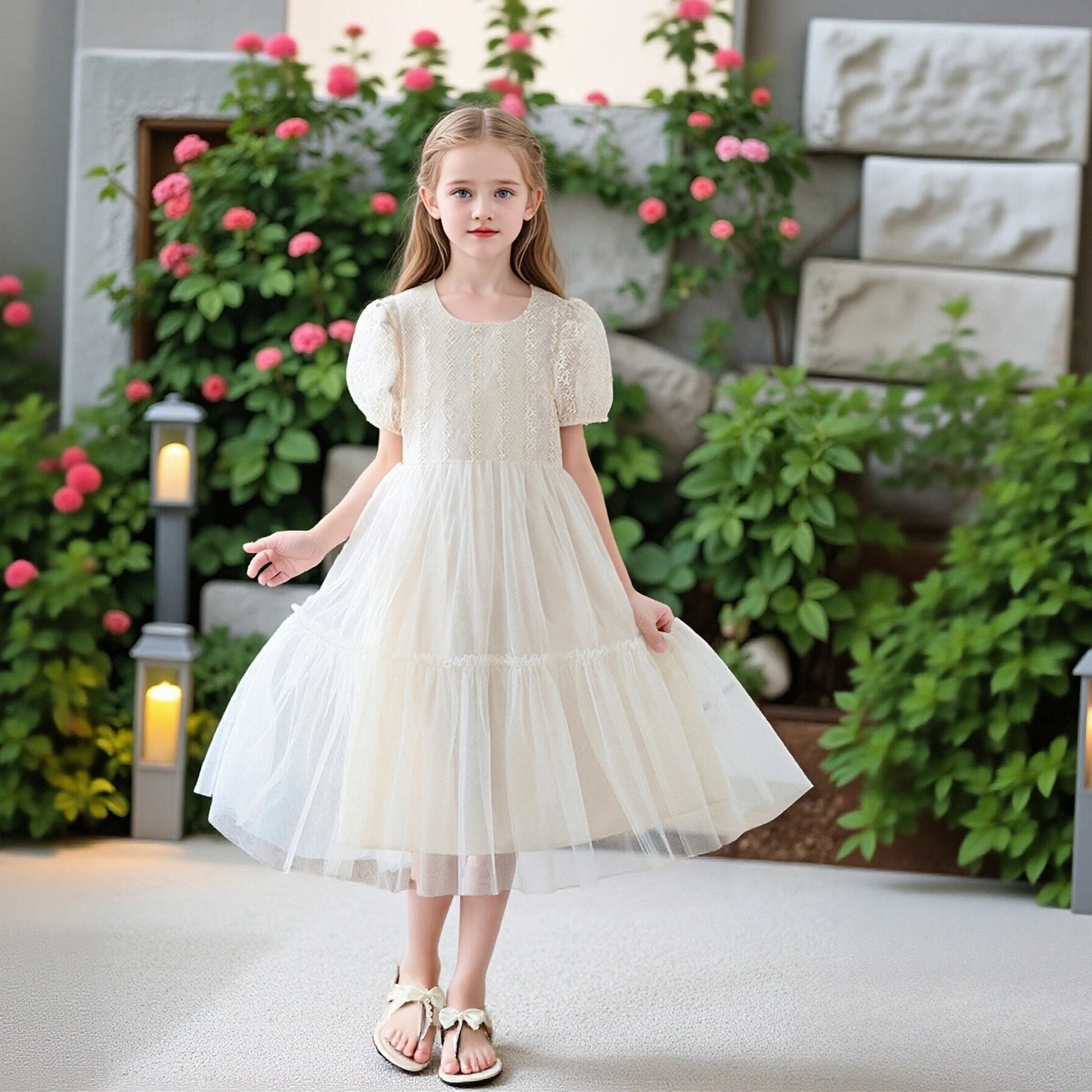 

Платье для девочек-подростков из кружева и фатина с квадратным вырезом, пышными рукавами и многоярусной юбкой, для принцесс и праздников, бежевое, для свадьбы и дня рождения