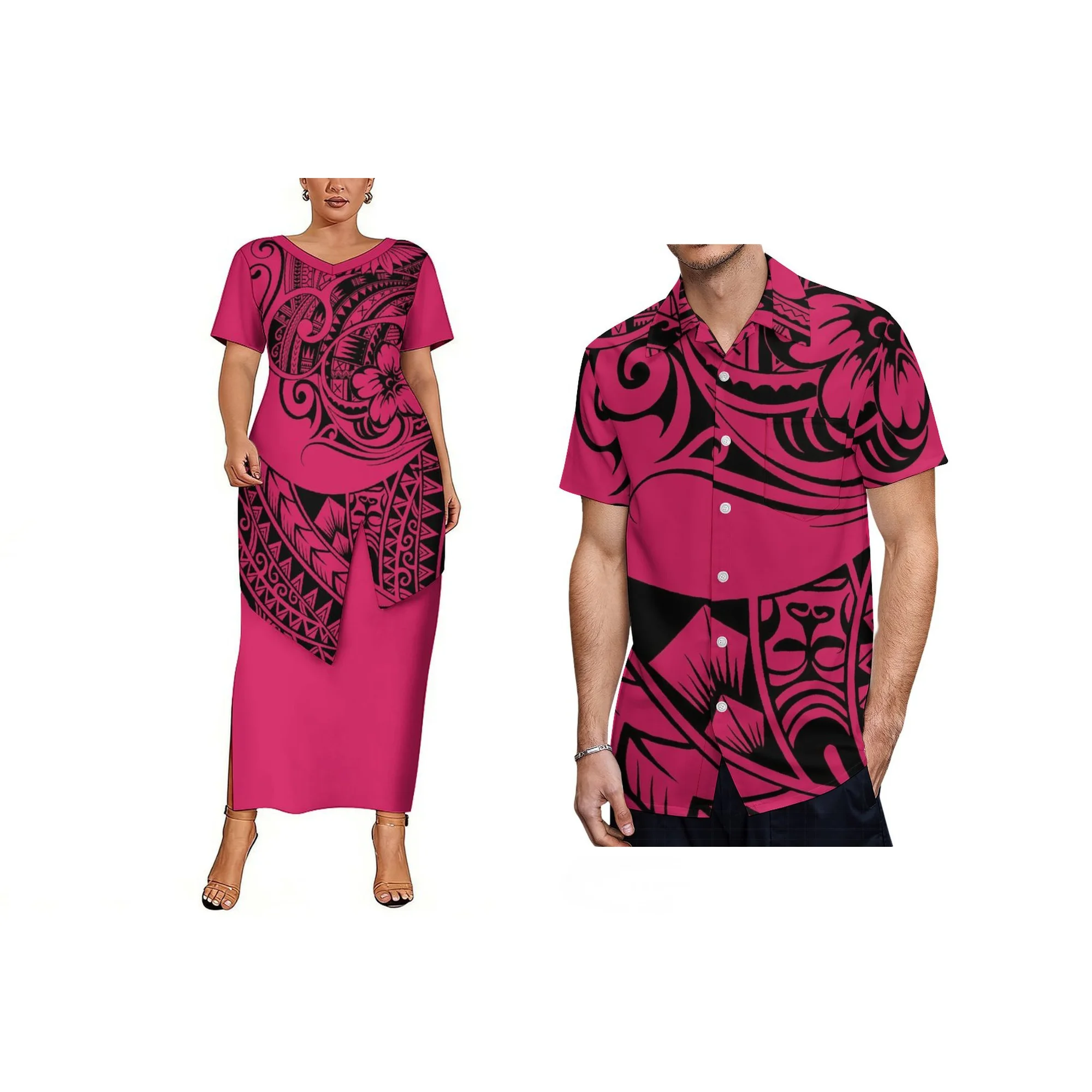 

Hot Sale Custom Pink Lady Short Sleeve Dress Samoa Polynesian Tribal Irregular Hem Dress Tonga Puletasi V-Neck Casual Dress 2pcs