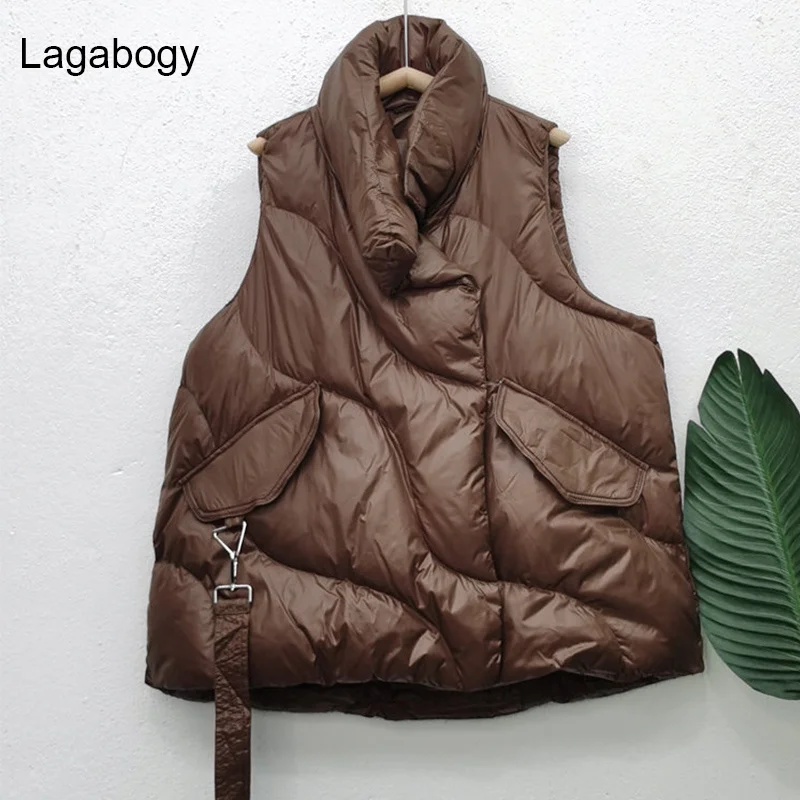 

Short Lagabogy New White Autumn Winter Women Duck Down Vest Female Loose Warm Coat Windproof Zipper Waistcoat Brown Sleeveless