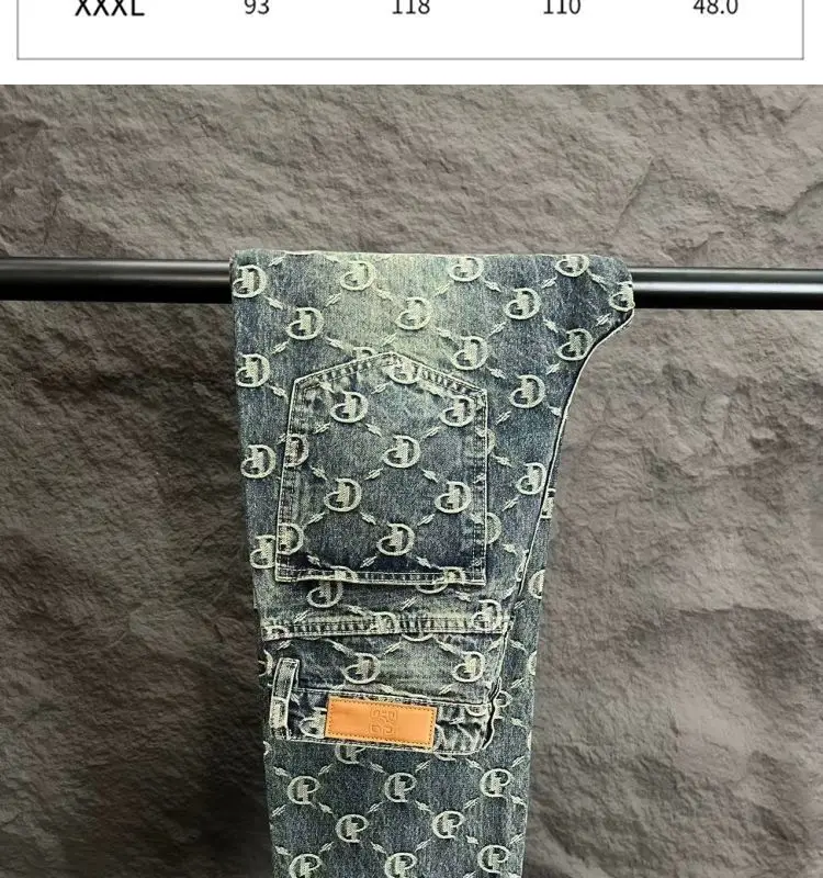 Autumn new jacquard jeans men's American high street loose straight full flower long pants men