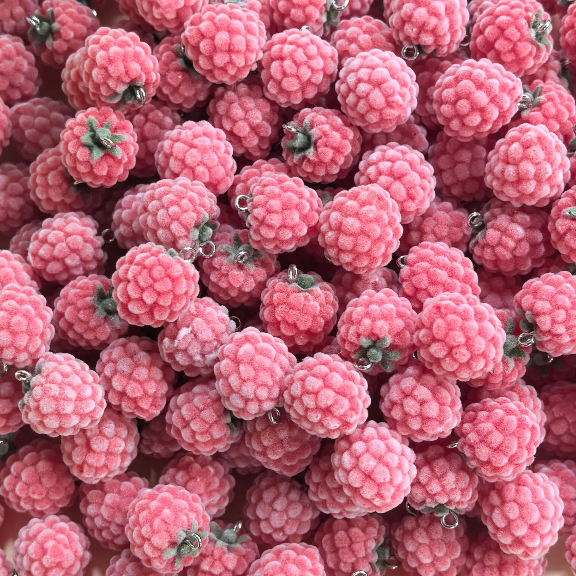 30-5PCS 3D Flocked Pink Raspberry Charms Fluffy Cute Fruit Resin Pendant for Earring Bracelet Keychain DIY Jewelry Making