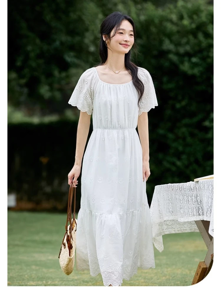 

VIMLY White Long Dress Summer 2025 Woman Elegant 100% Cotton Hook Flower Hollow Embroidery Square Collar Women's Dresses A1873