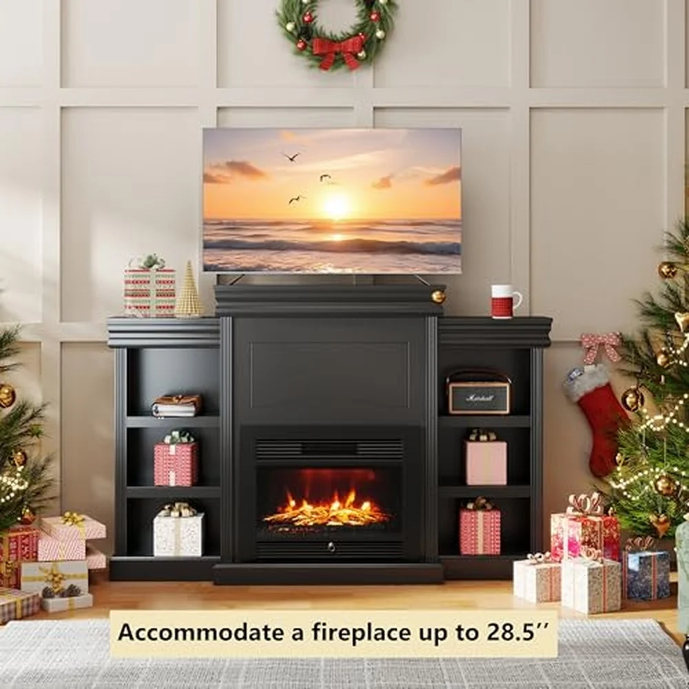 70’’ Fireplace Mantel with Storage Shelves Wood Mantel Console Table for 28.5’’ Electric Fireplace Media TV Stand for
