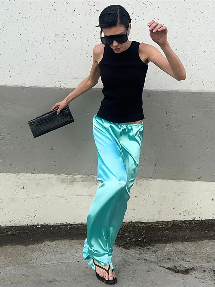 Herbst Damen Mintgrüner Satin 2-Teiliger Anzug Stehkragen Reißverschluss Vorne Lose Langarm-Bluse Weite Hose Urlaubs-Matching-Anzug – Detail 13