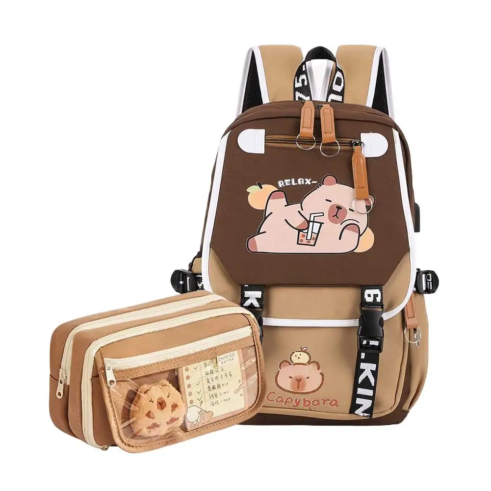 

Capybara Cute Backpack with Pencil Case Kawaii Schoolbag Adjustable Strap Adorable Daypack Travel Backpack