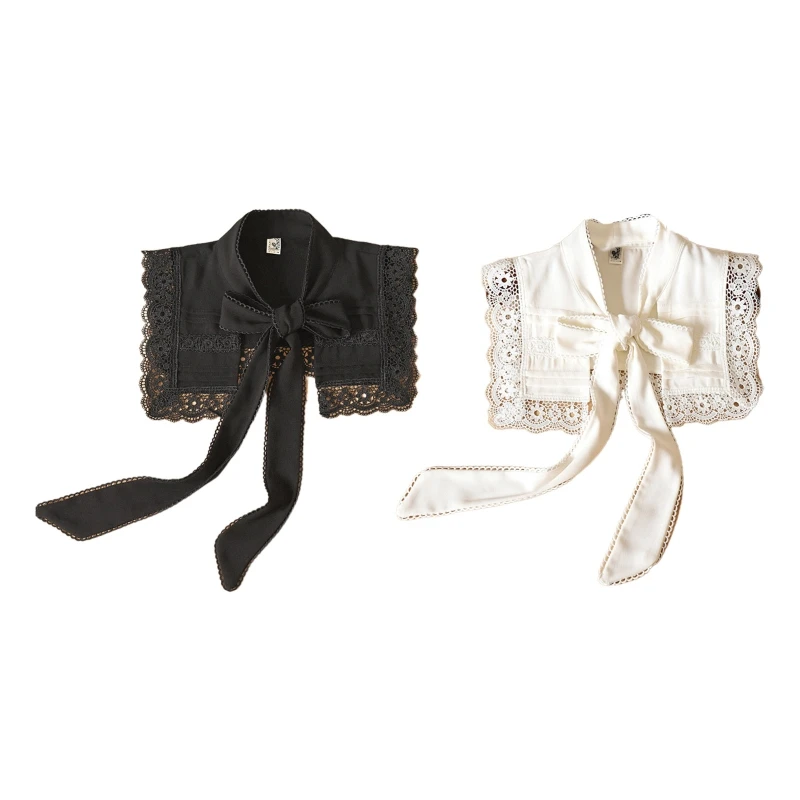 

Women Detachable False Collar Embroidery Floral Lace-Up Bowknot Hollow Shawl