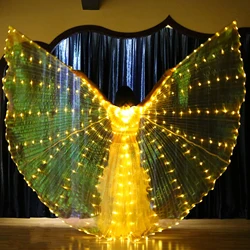 Yellow LED Isis Wing with Telescopic Stick Belly Dance Butterfly Wings Glowing Light Up Costume for Halloween Christmas Party