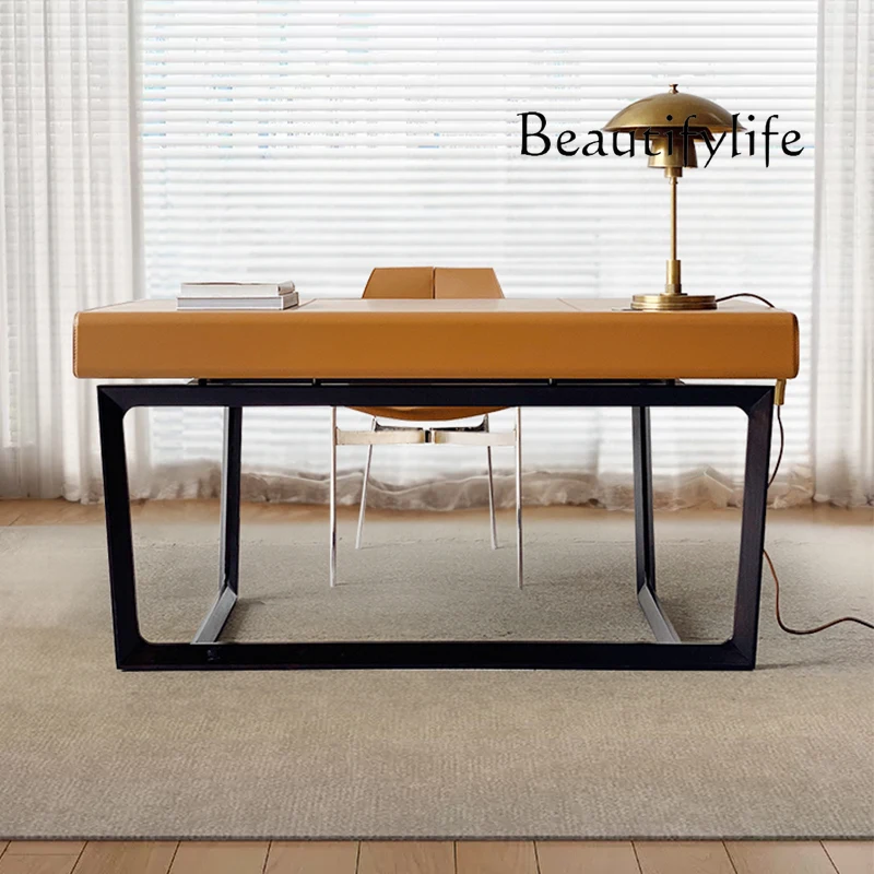 

Italian solid wood leather desk desk boss table modern light luxury simple office table luxury designer furniture