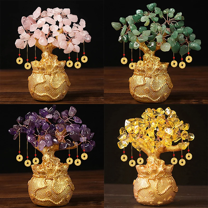 Lucky Tree Wealth Yellow Crystal Tree Natural Money Tree Ornaments Bonsai Style Wealth Luck Feng Shui Ornaments Craft