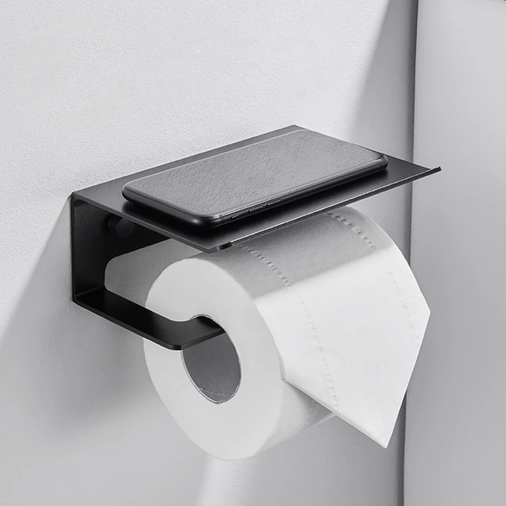 ABLU-Wall Mounted Black Toilet Paper Holder Tissue Paper Holder Roll Holder With Phone Storage Shelf