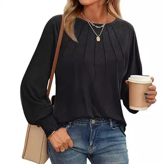 Spring Autumn Women\'s Long Sleeve Tops 2024 New Round Neck T-shirt Pleated Casual Solid Color Sweatshirt Women\'s Clothing