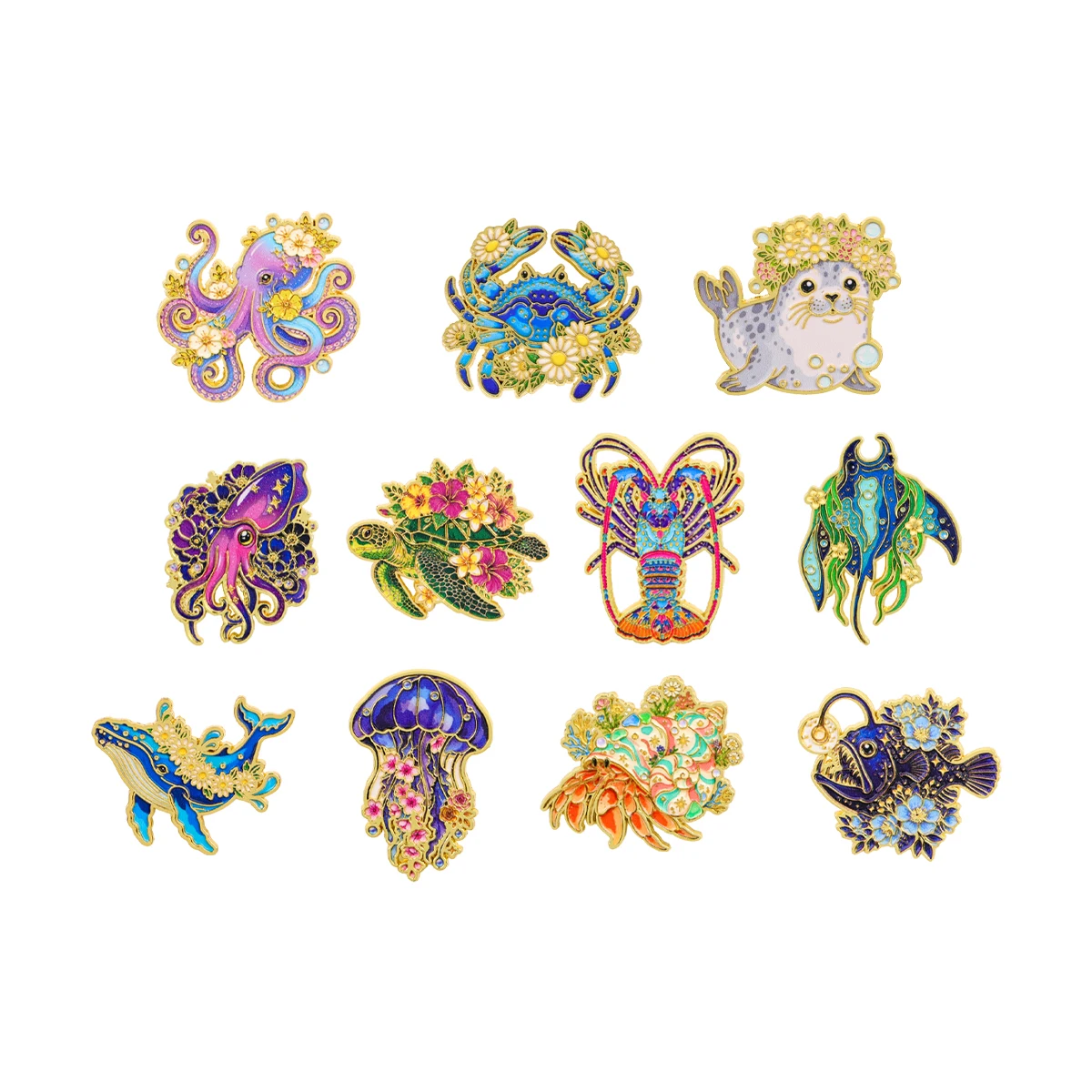 11-teiliges Set Schöne Blumen- und Meerestier-Emaille-Pins Niedliche Wal-Oktopus-Schildkröten-Brosche Rucksack-Anstecknadel Schmuck-Accessoires Geschenke – Detail 4
