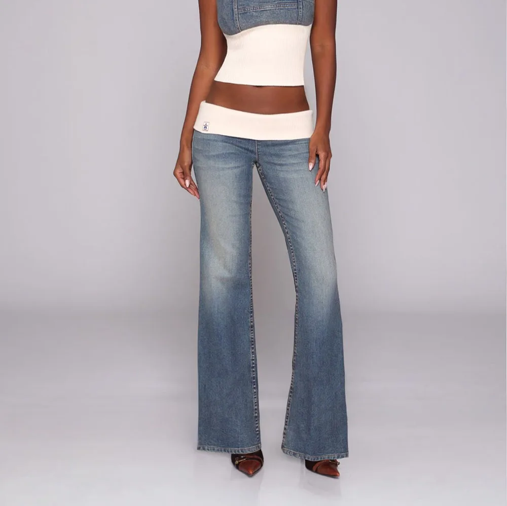 Ladies' Patchwork Design Flared Pants Casual Denim Pants Retro Style Spice Girls Trousers High Waist Solid Color Jeans
