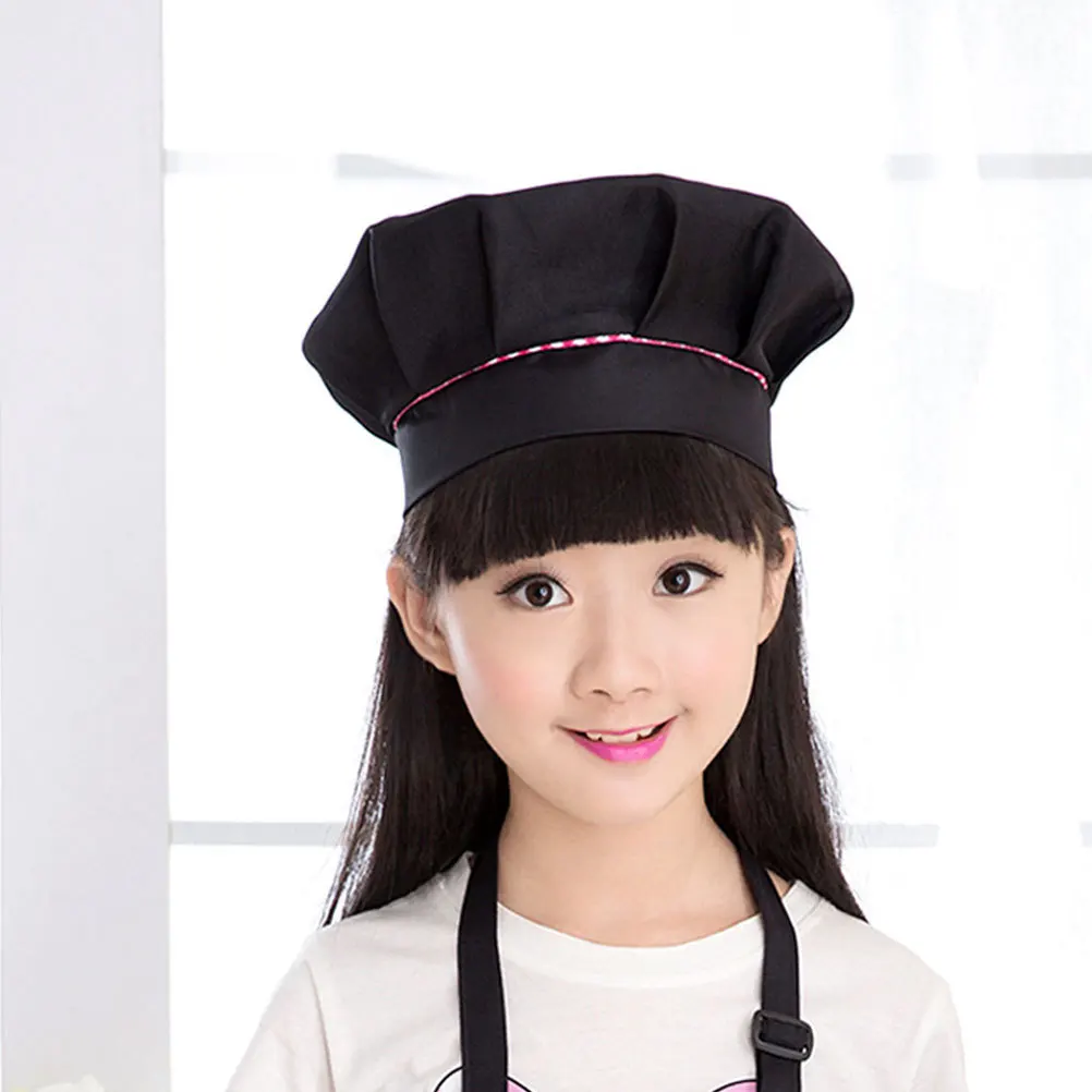 1Set Children Chef Apron Hat Kitchen Cooking Bibs Black Size L Adjustable Strap Front Pockets Party Baking Art