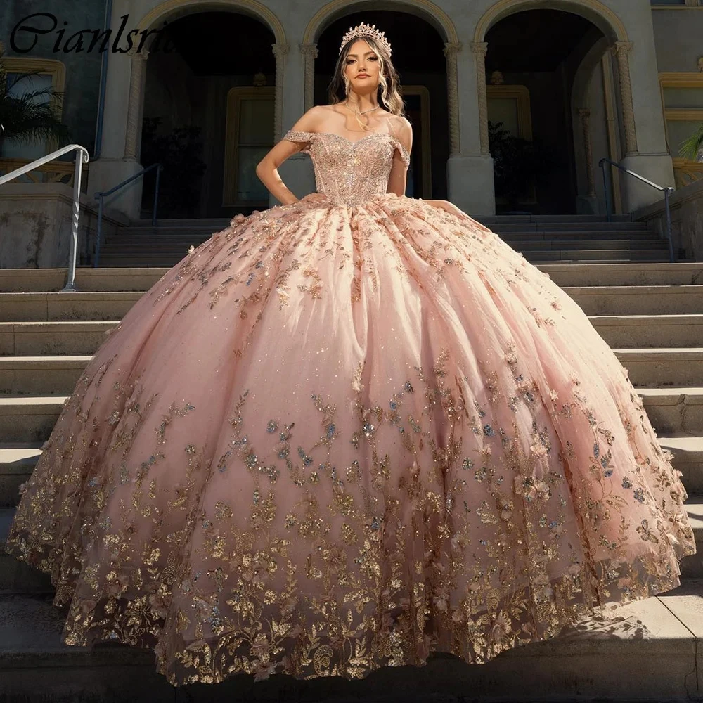 

Pink Off The Shoulder 3D Flowers Ball Gown Quinceanera Dresses Ruffles Sequined Appliques Lace Corset Vestidos De 15 Años